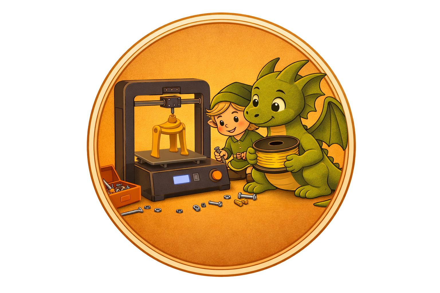 A dragon sitting with an elf-looking human in front of a 3d printer holding a roll of filament