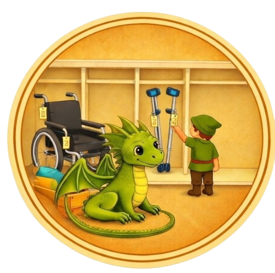 DRAGON SITTING NEXT TO MOBILITY AIDS AND NEARBY SMALL PERSON REPRESENTING DSG LENDING LIBRARY