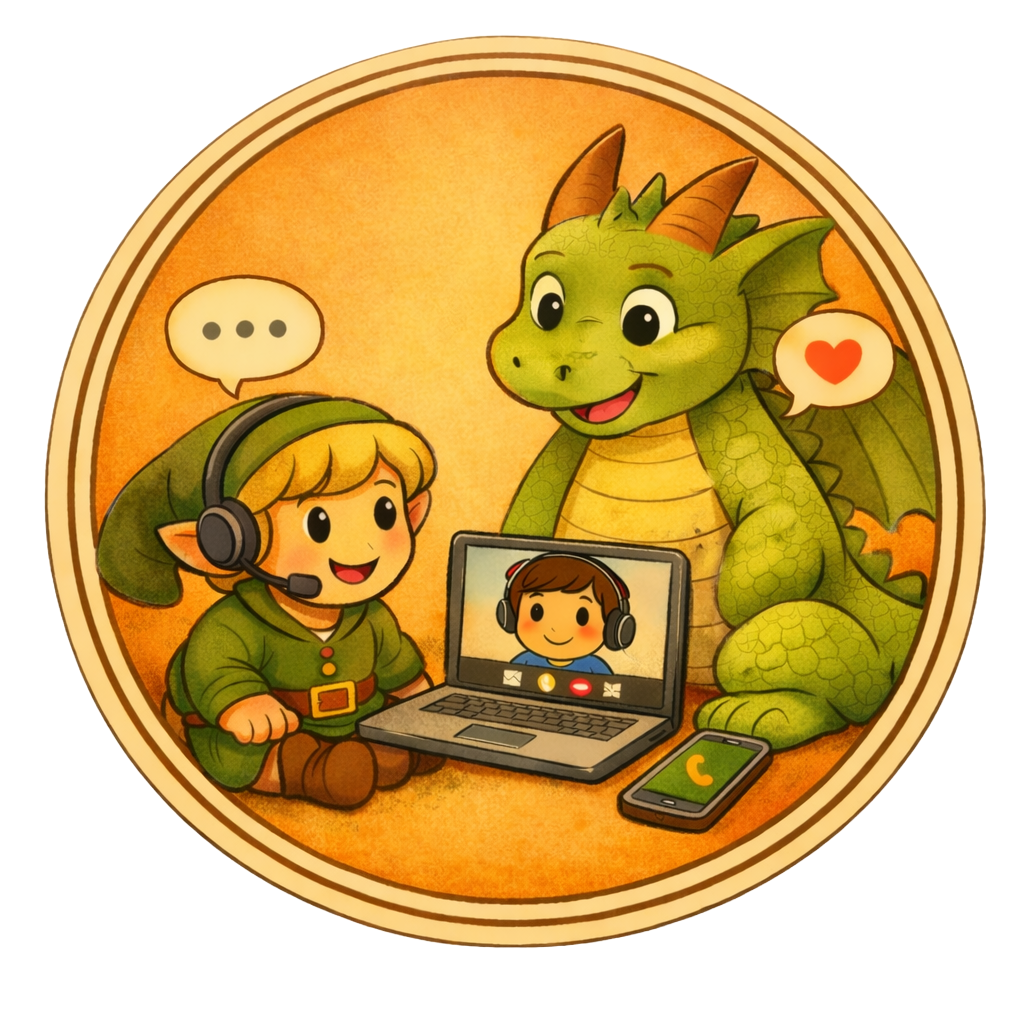 Illustration of a small elf like person wearing a headset sitting beside a friendly green dragon as they look at a laptop showing a video call with another person wearing a headset. A phone lies nearby, and speech bubbles with a heart and chat dots appear above them, symbolizing supportive conversation and peer connection. The scene is framed inside a circular border with a warm orange background in a soft storybook style.